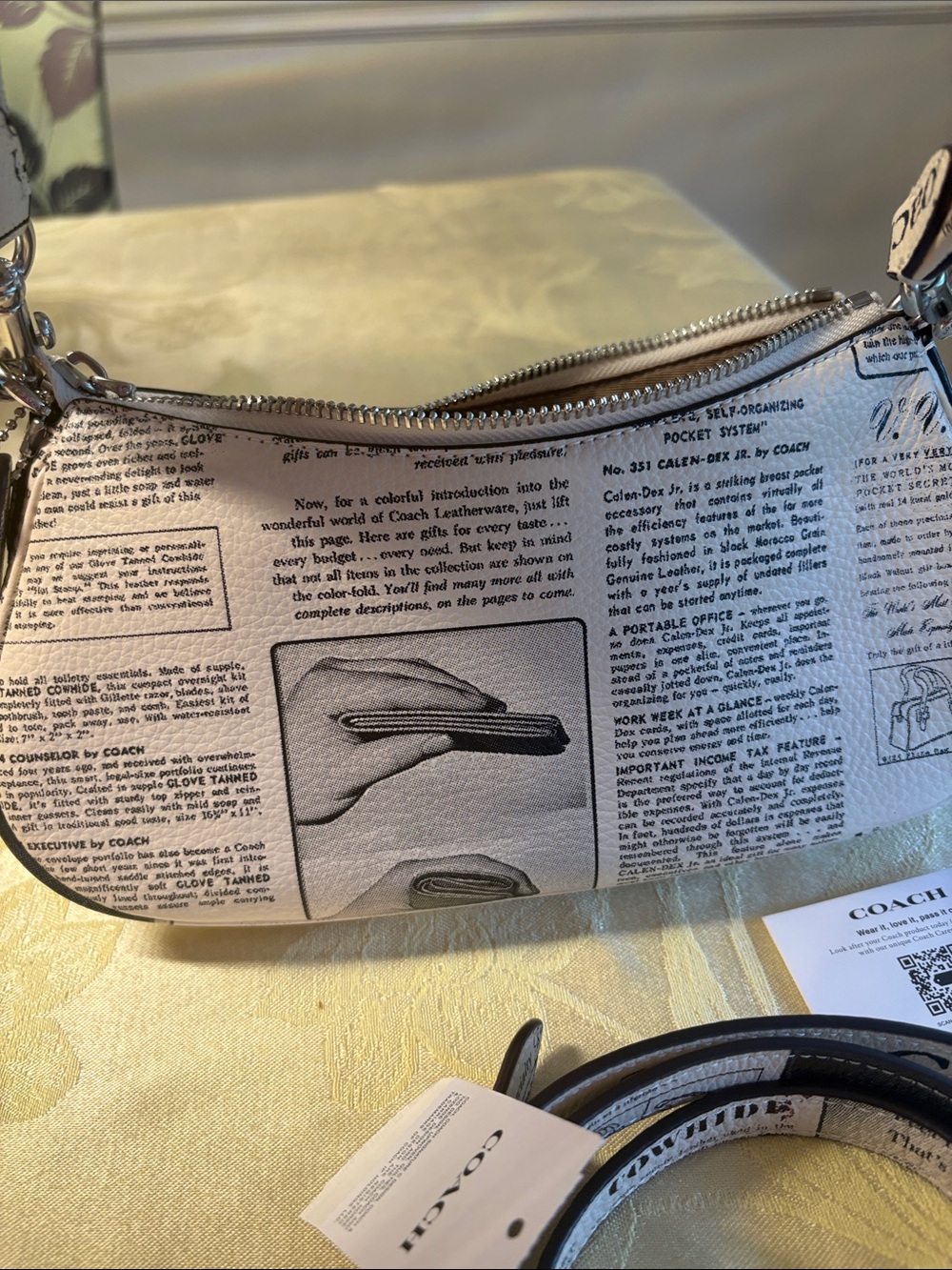 Coach Cream Newspaper Print Leather Crossbody Bag with Silver Buckles - Picture 3 of 5